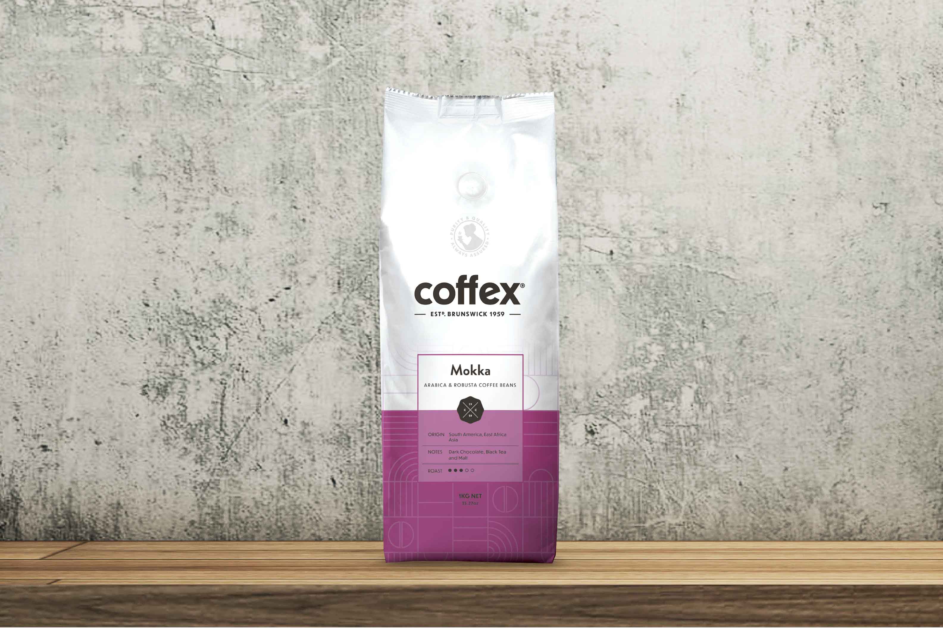 Coffex Classic Mokka, A full-bodied blend of vibrant arabica and robust beans, roasted to perfection.