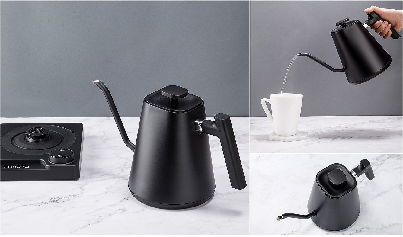 Black stylish kettle in use pouring a home coffee.