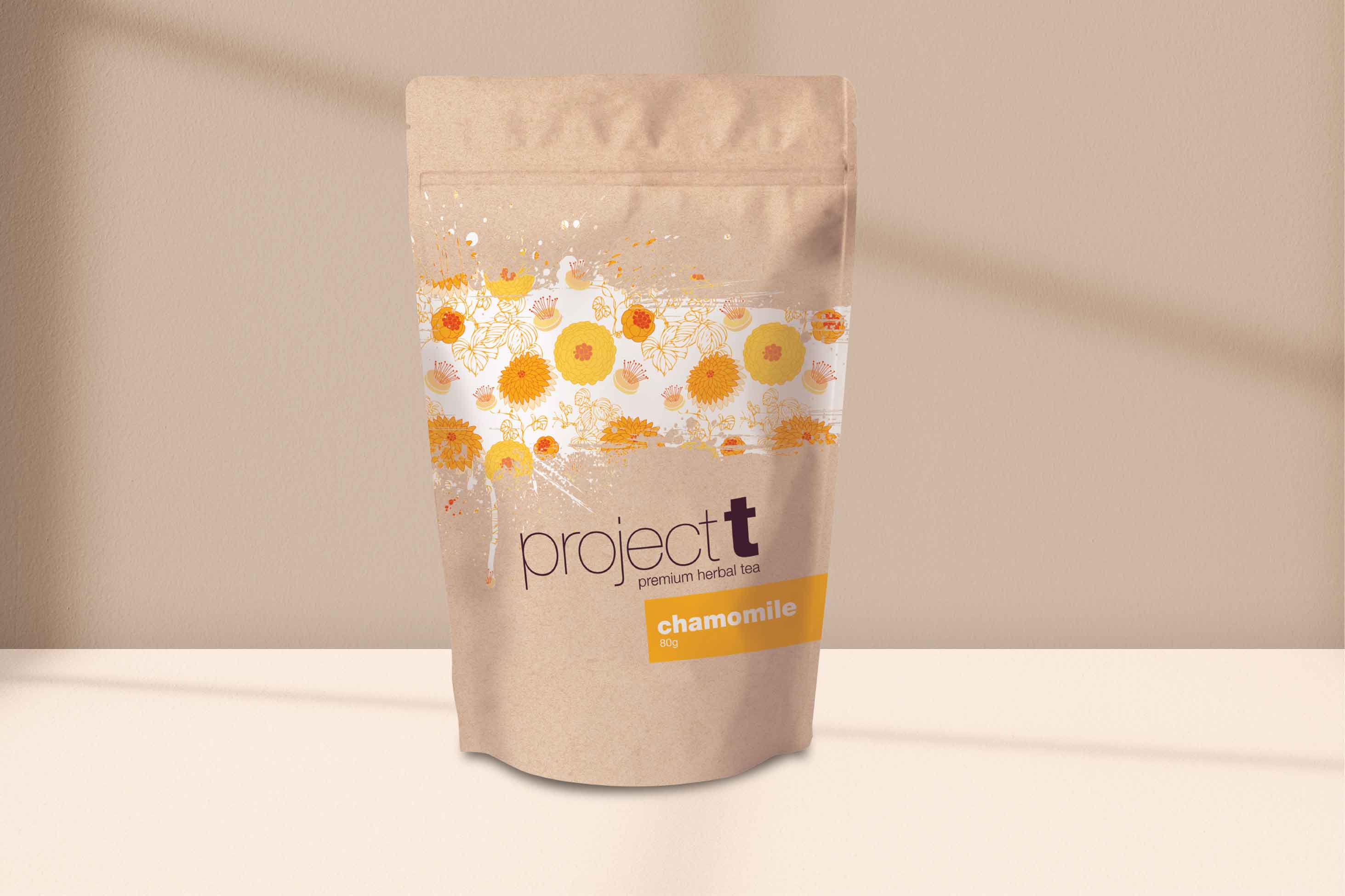 Project T, soft and floral, Egyptian Chamomile tea display has delightful calming effects.